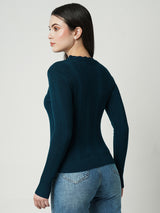 Women Airforce Blue Solid Full Length Sweaters & Sweatshirts