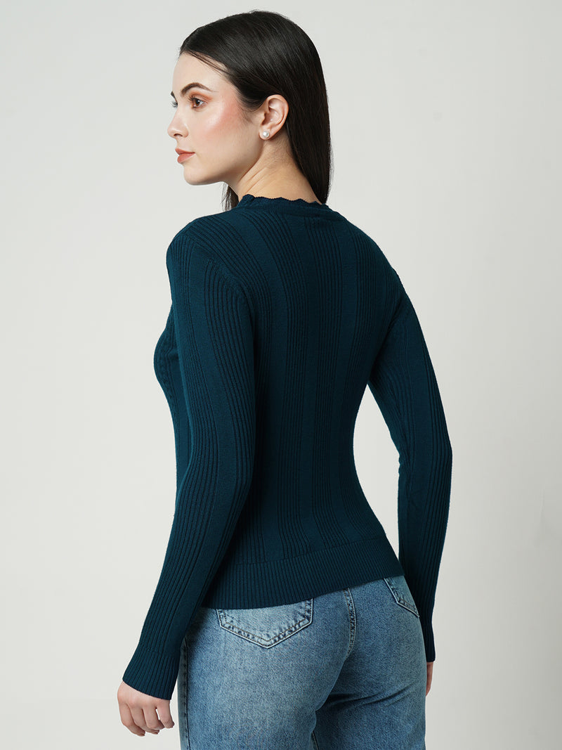 Women Airforce Blue Solid Full Length Sweaters & Sweatshirts