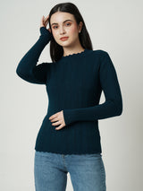 Women Airforce Blue Solid Full Length Sweaters & Sweatshirts