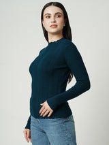 Women Airforce Blue Solid Full Length Sweaters & Sweatshirts