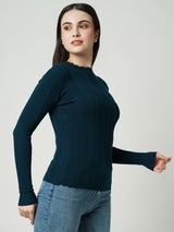 Women Airforce Blue Solid Full Length Sweaters & Sweatshirts