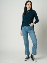 Women Airforce Blue Solid Full Length Sweaters & Sweatshirts