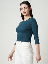 Women Teal Solid Three-Quarter Sleeves T-Shirts