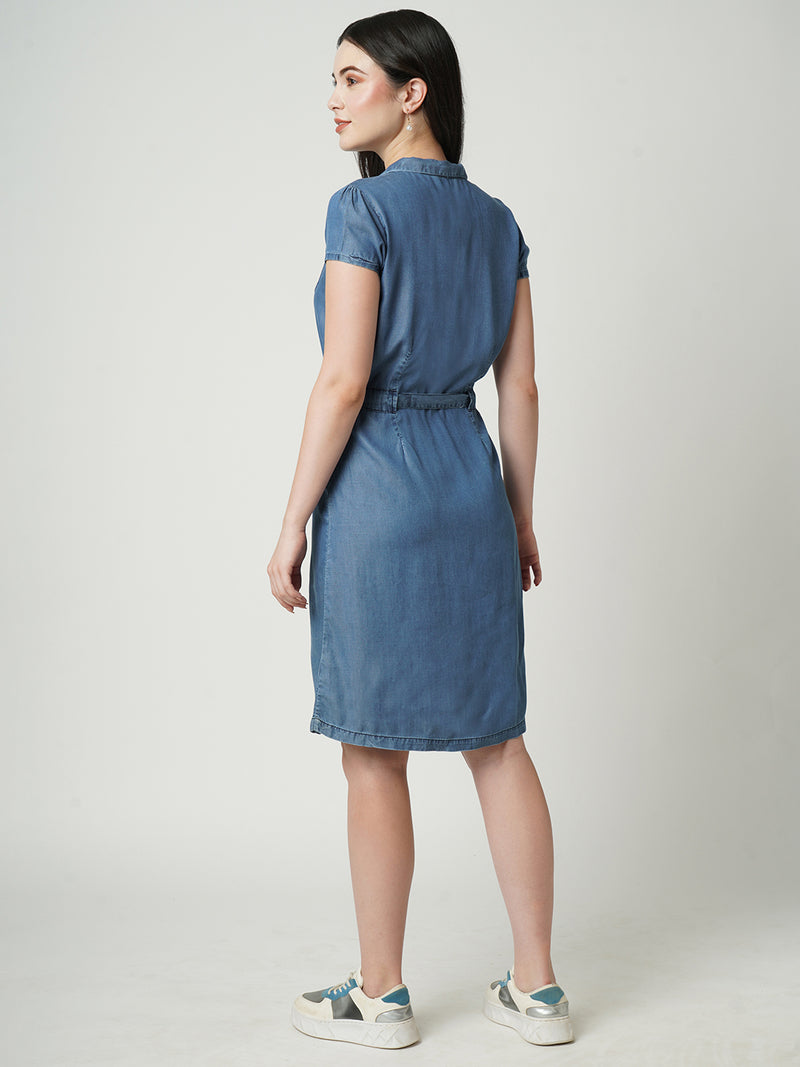 Women Blue Solid Short Sleeves Denim Dress