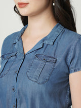Women Blue Solid Short Sleeves Denim Dress