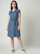 Women Blue Solid Short Sleeves Denim Dress