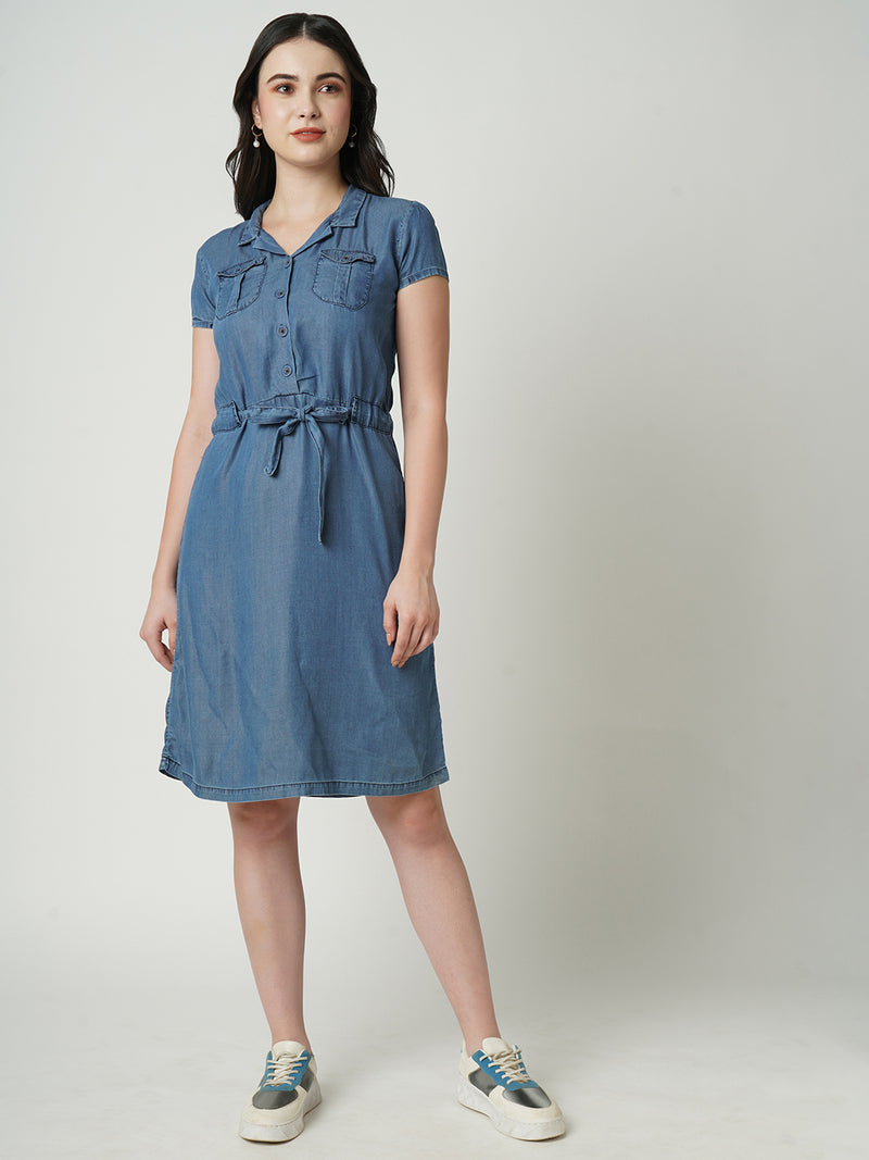 Women Blue Solid Short Sleeves Denim Dress