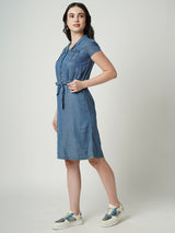 Women Blue Solid Short Sleeves Denim Dress
