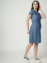 Women Blue Solid Short Sleeves Denim Dress