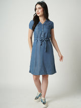 Women Blue Solid Short Sleeves Denim Dress