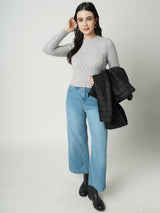 Women Grey Solid Full Length Sweaters & Sweatshirts