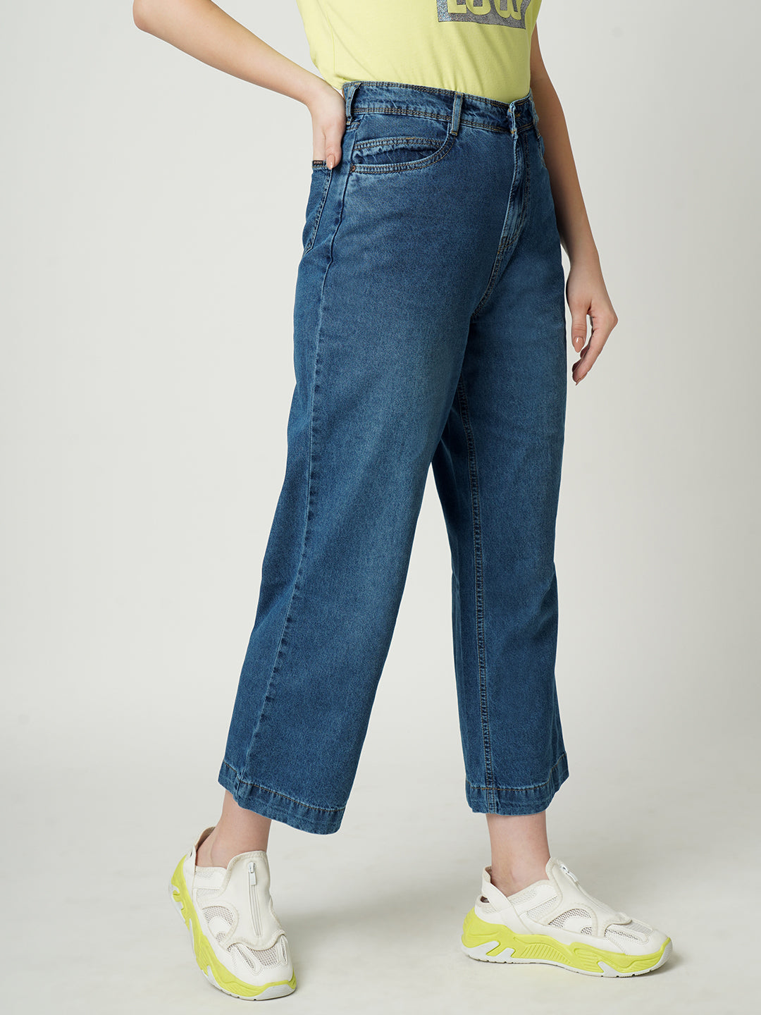 Women Dark Blue High-Rise Parallel Wide Leg Jeans