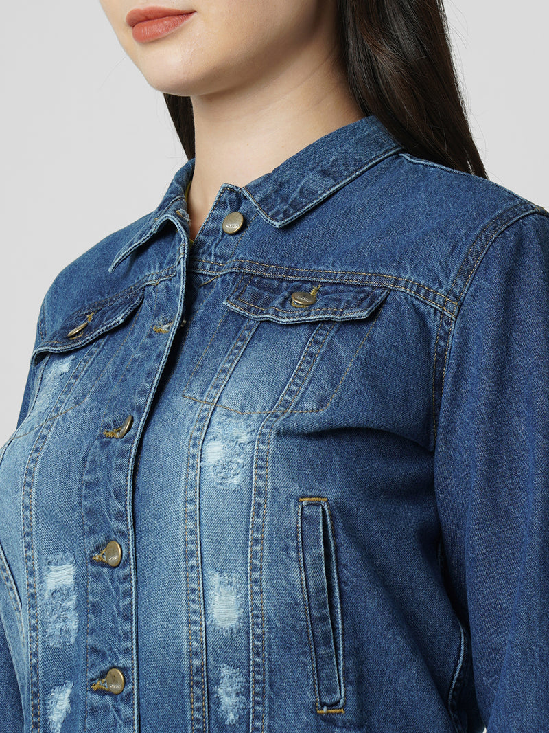 Women Blue Solid Full Length Jackets & Shrugs