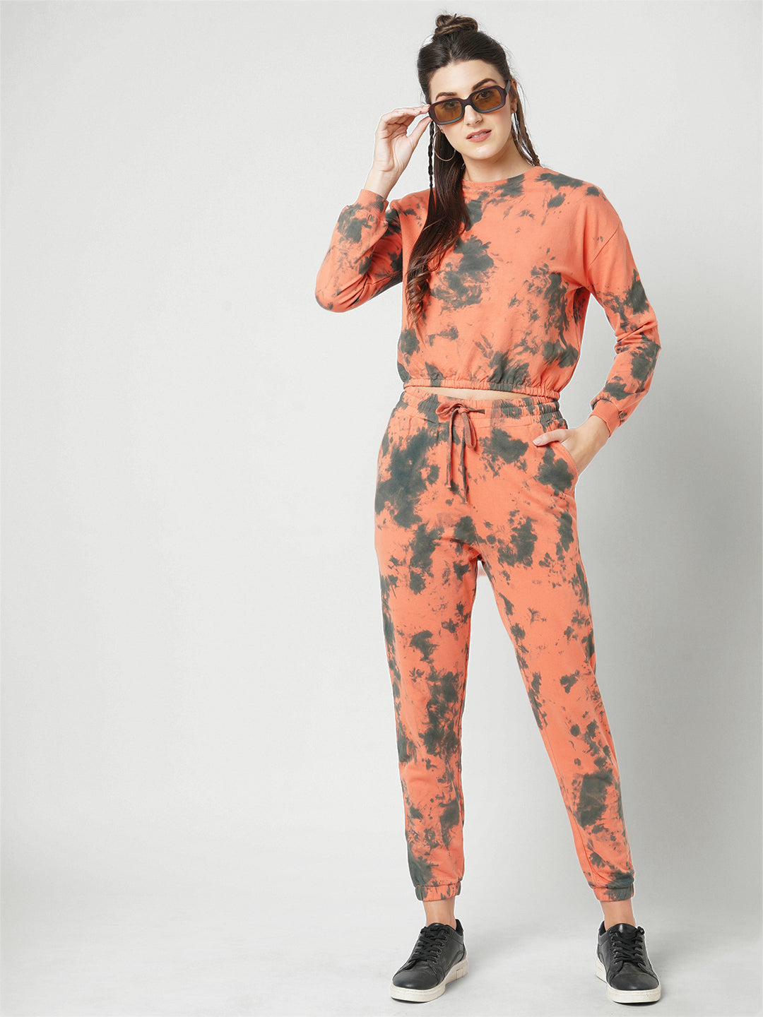 Women Orange Black Tie & Dye High-Rise Joggers