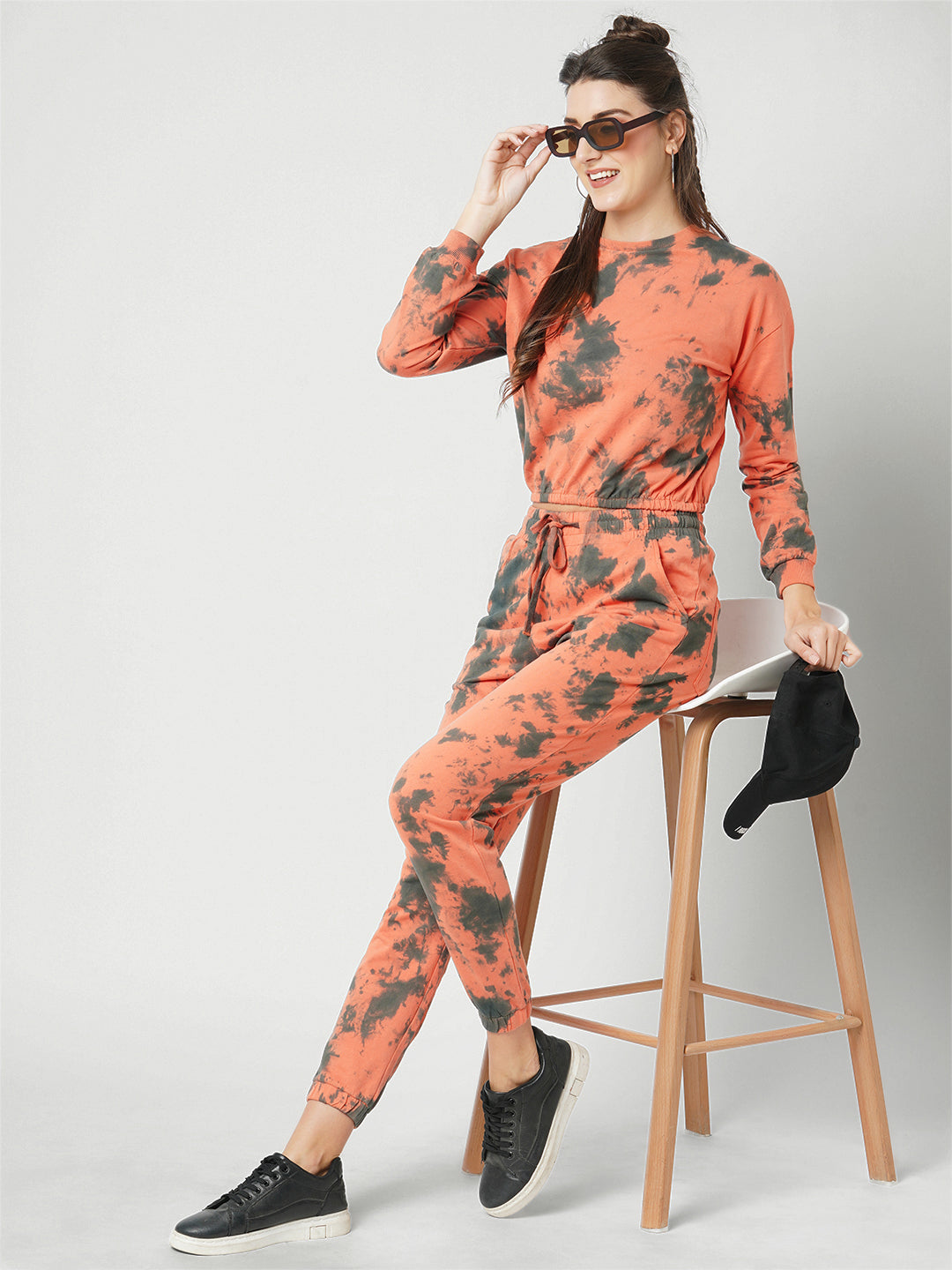 Women Orange Black Tie & Dye High-Rise Joggers