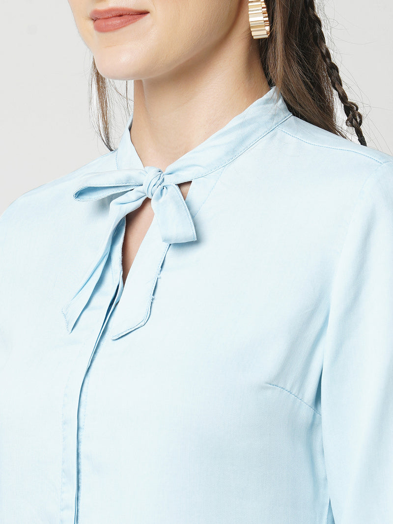 Women Light Blue Solid Three-Quarter Sleeves Shirts