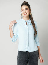 Women Light Blue Solid Three-Quarter Sleeves Shirts