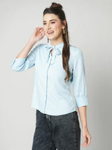Women Light Blue Solid Three-Quarter Sleeves Shirts