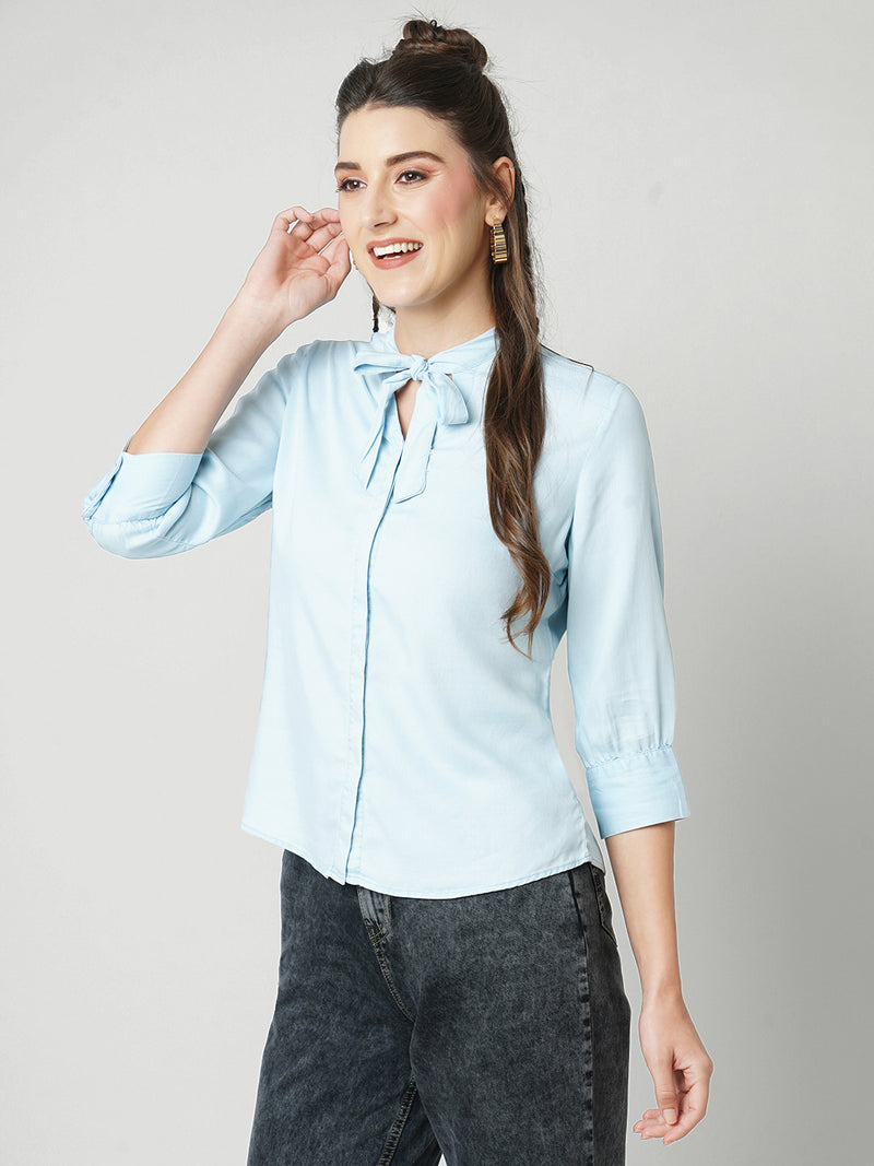 Women Light Blue Solid Three-Quarter Sleeves Shirts