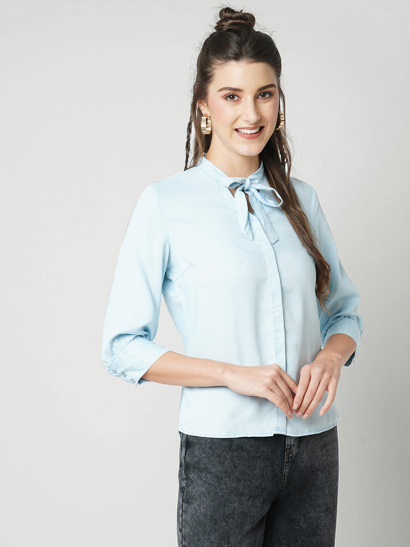 Women Light Blue Solid Three-Quarter Sleeves Shirts