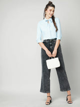 Women Light Blue Solid Three-Quarter Sleeves Shirts