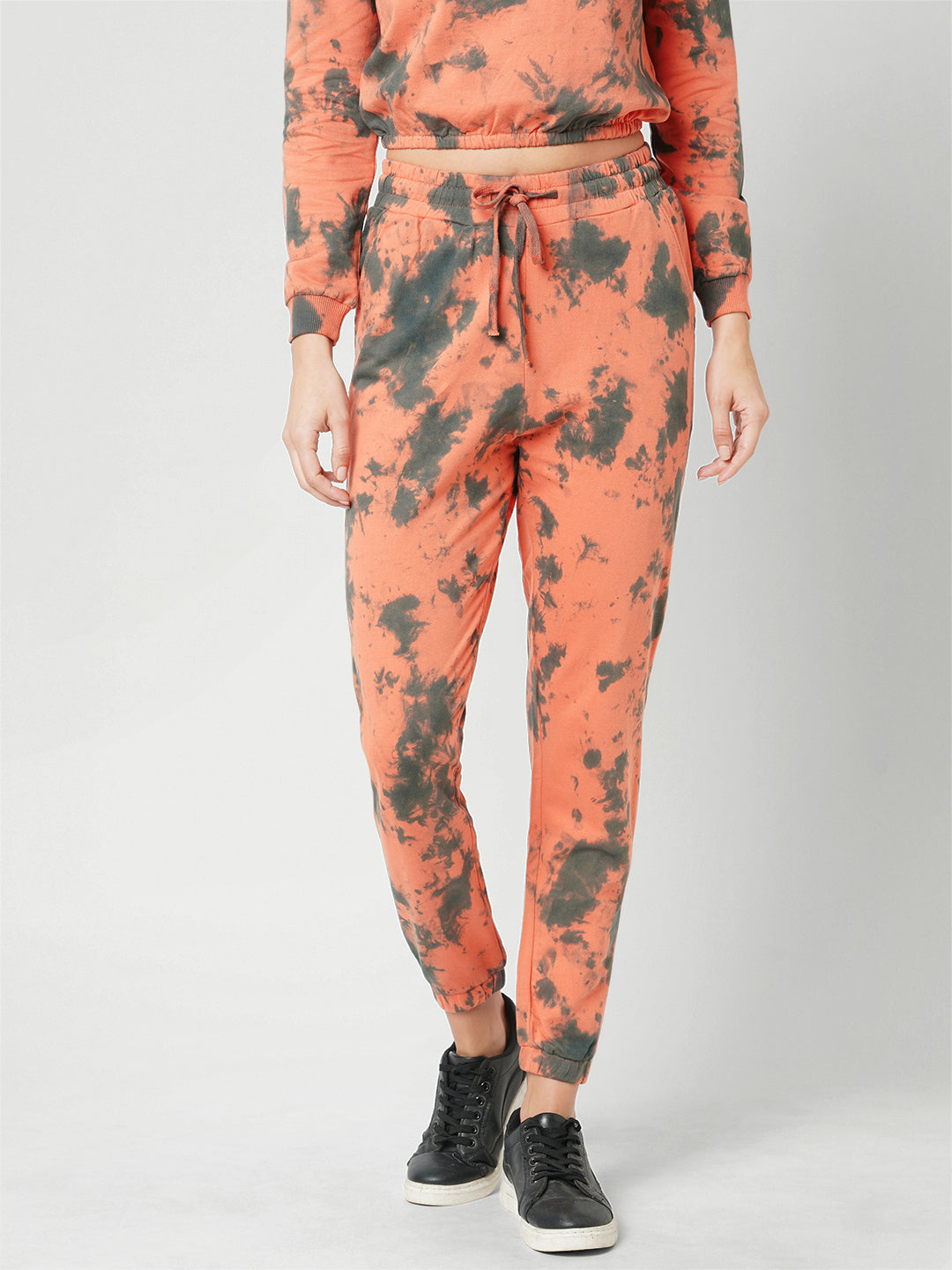 Women Orange Black Tie & Dye High-Rise Joggers
