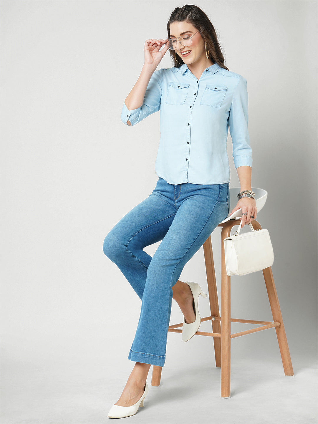 Women Blue High-Rise Mini Flare Jeans