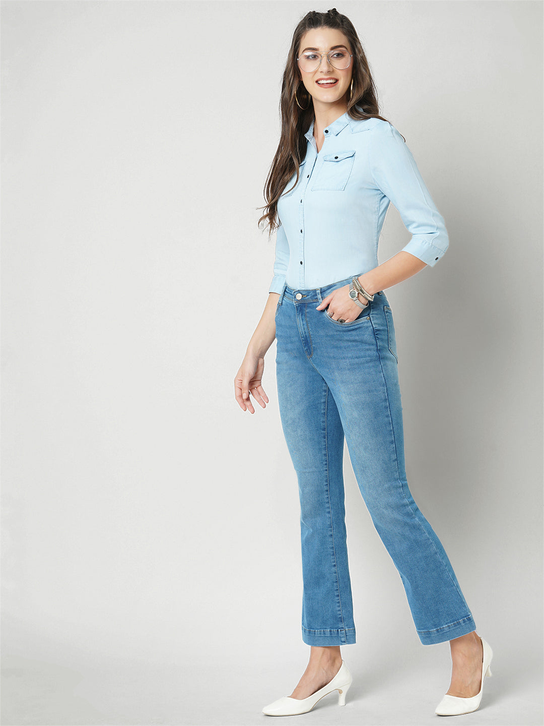 Women Blue High-Rise Mini Flare Jeans