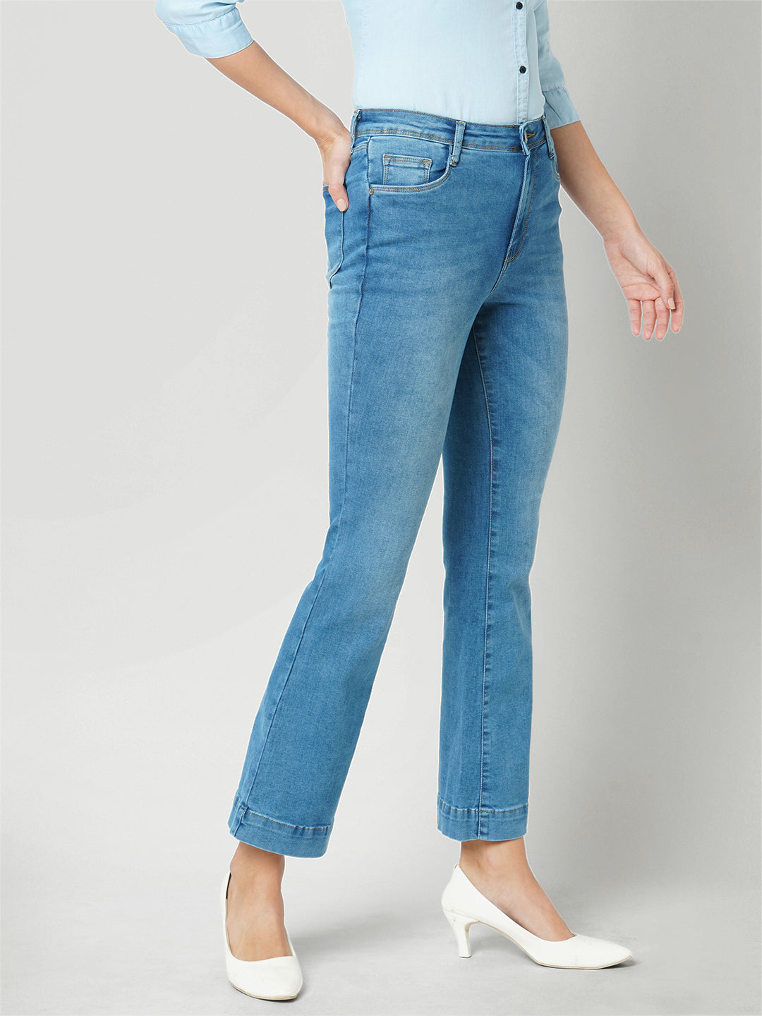 Women Blue High-Rise Mini Flare Jeans
