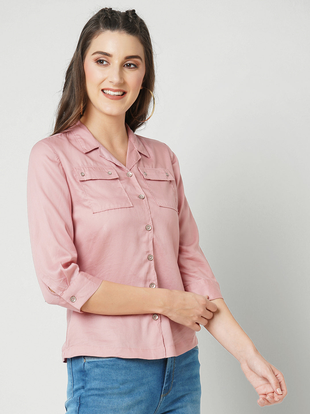 Women Blush Pink Solid Three-Quarter Sleeves Shirts