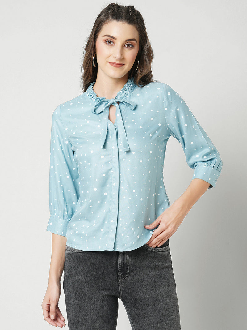 Women Mint Green Polka Dot Three-Quarter Sleeves Shirts