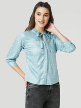 Women Mint Green Polka Dot Three-Quarter Sleeves Shirts