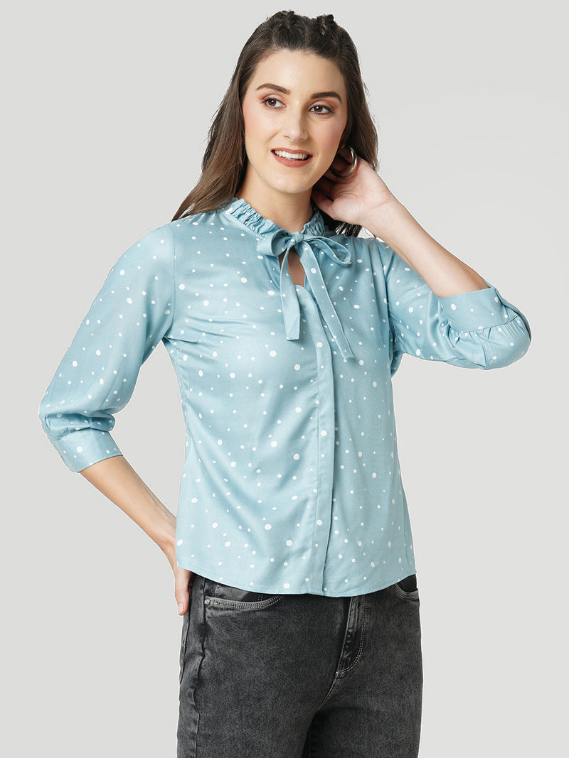 Women Mint Green Polka Dot Three-Quarter Sleeves Shirts