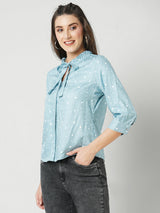 Women Mint Green Polka Dot Three-Quarter Sleeves Shirts