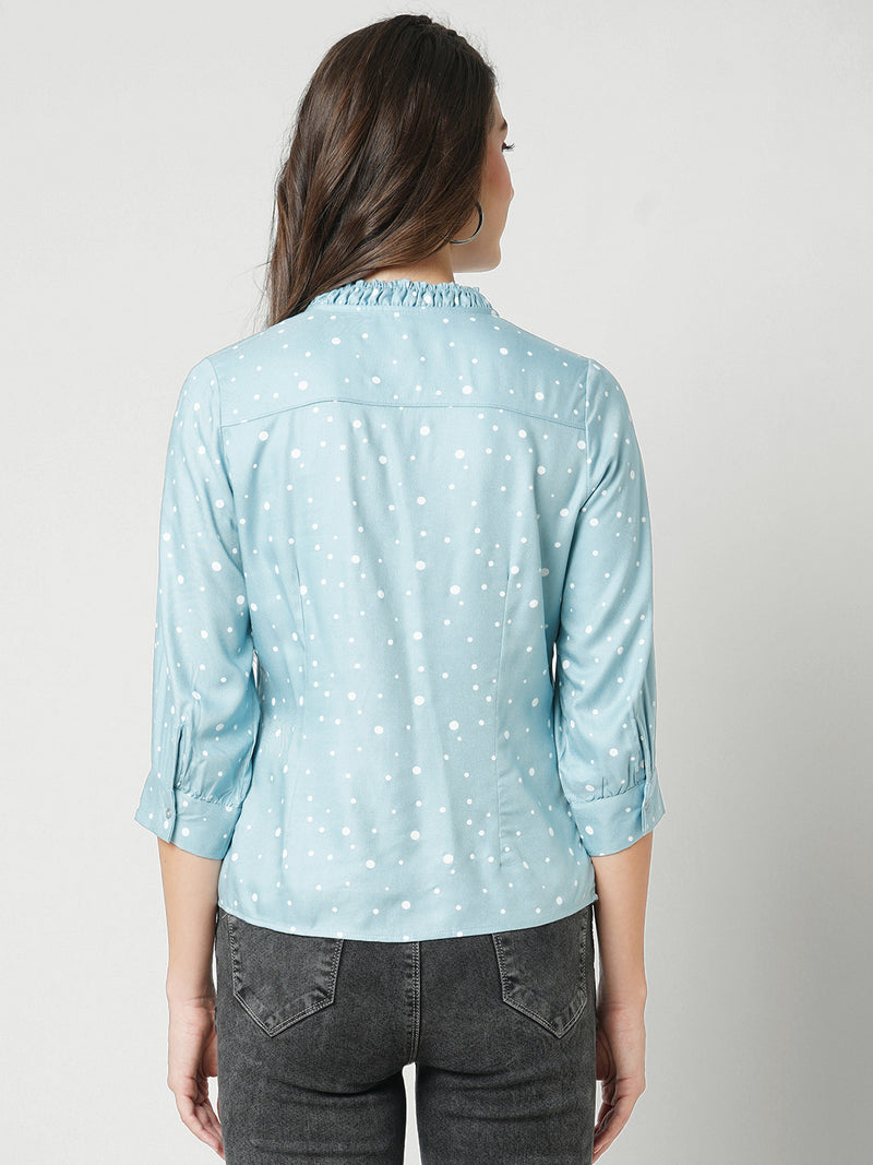 Women Mint Green Polka Dot Three-Quarter Sleeves Shirts