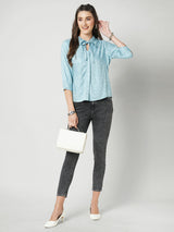 Women Mint Green Polka Dot Three-Quarter Sleeves Shirts