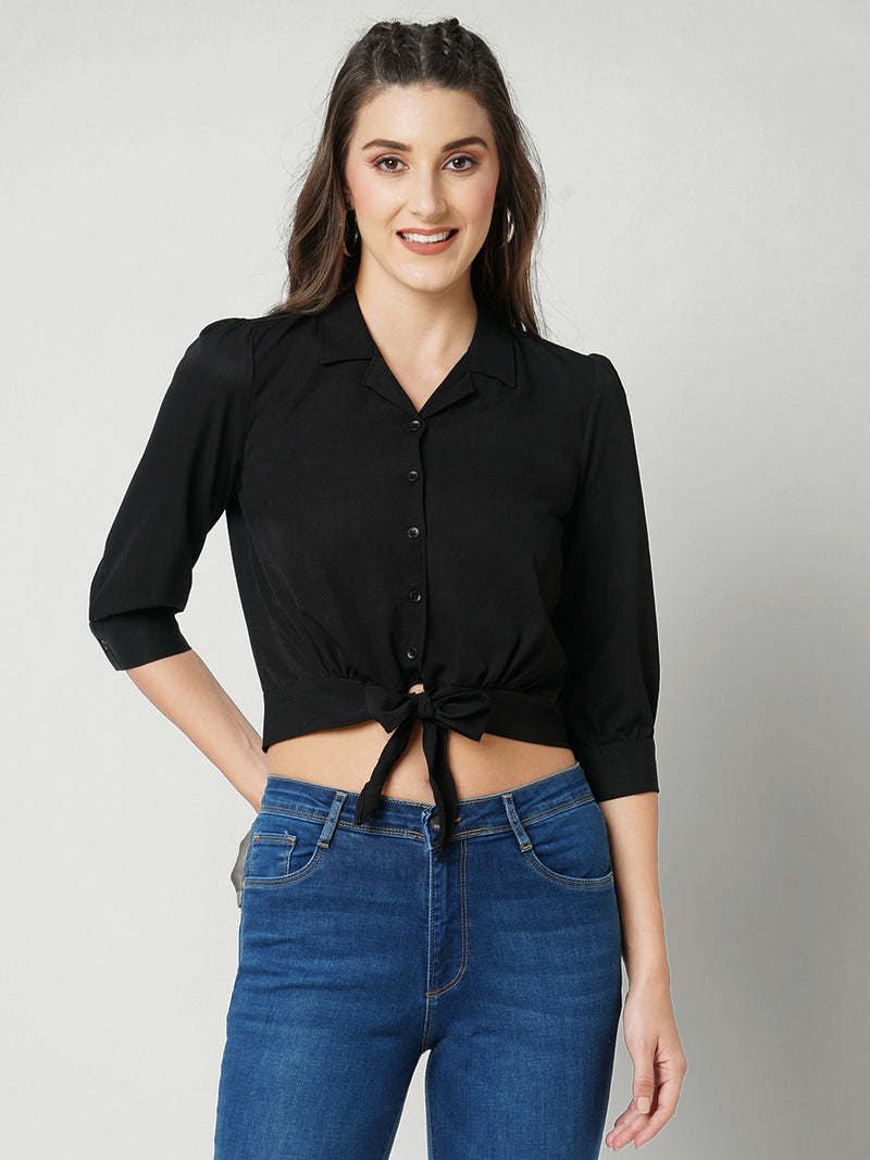 Women Black Solid Three-Quarter Sleeves Shirts