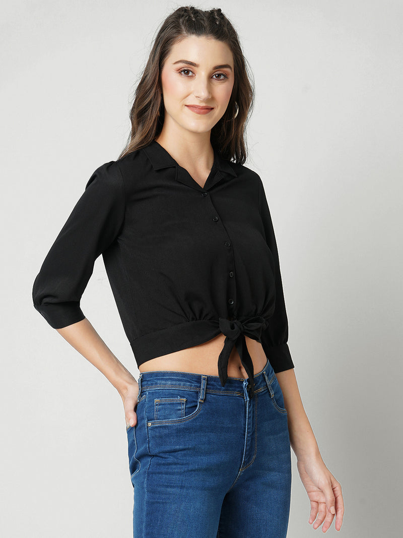 Women Black Solid Three-Quarter Sleeves Shirts