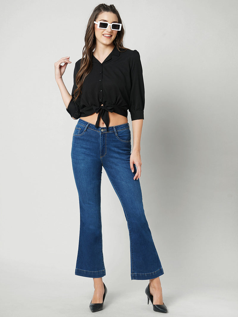 Women Black Solid Three-Quarter Sleeves Shirts