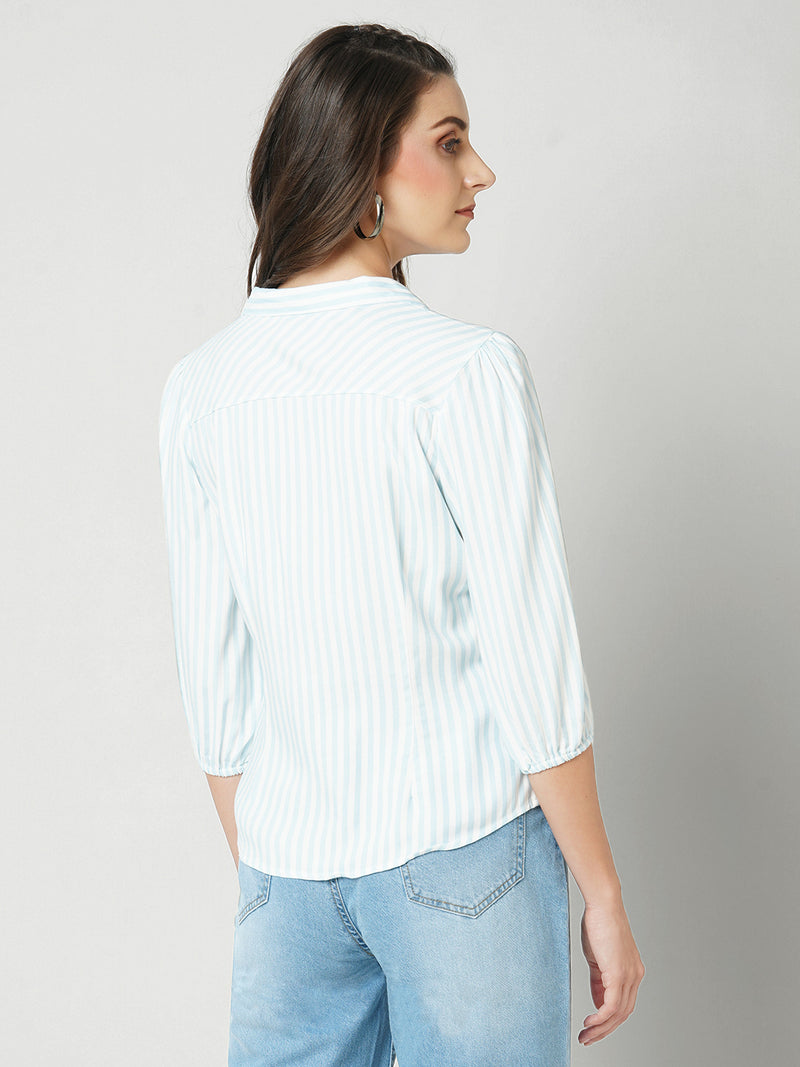 Women Sky & White Striped Three-Quarter Sleeves Shirts