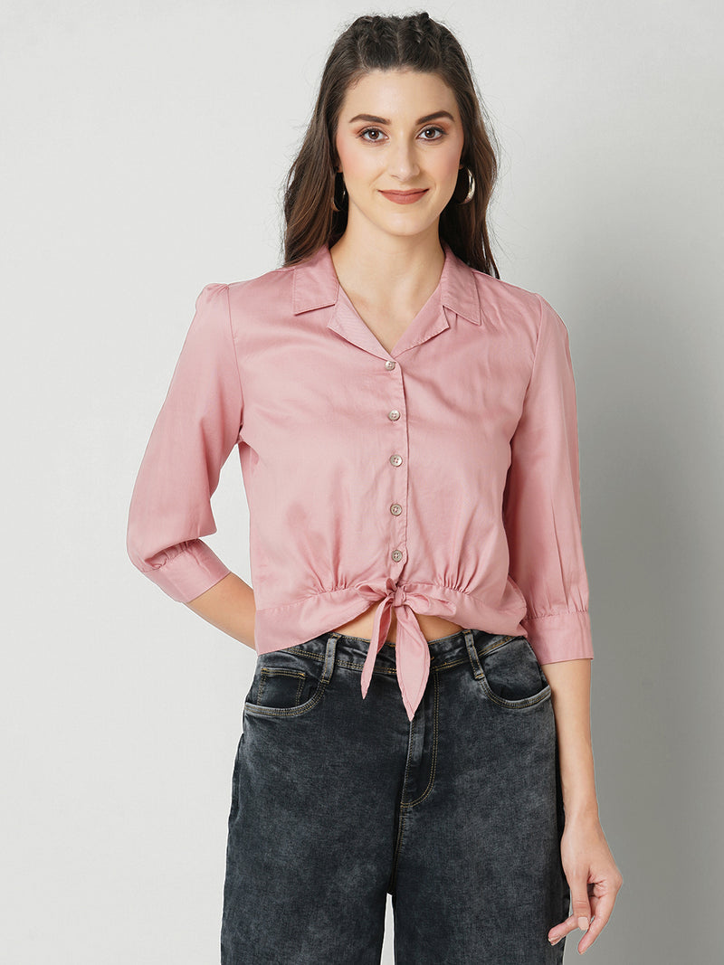 Women Blush Pink Solid Three-Quarter Sleeves Shirts