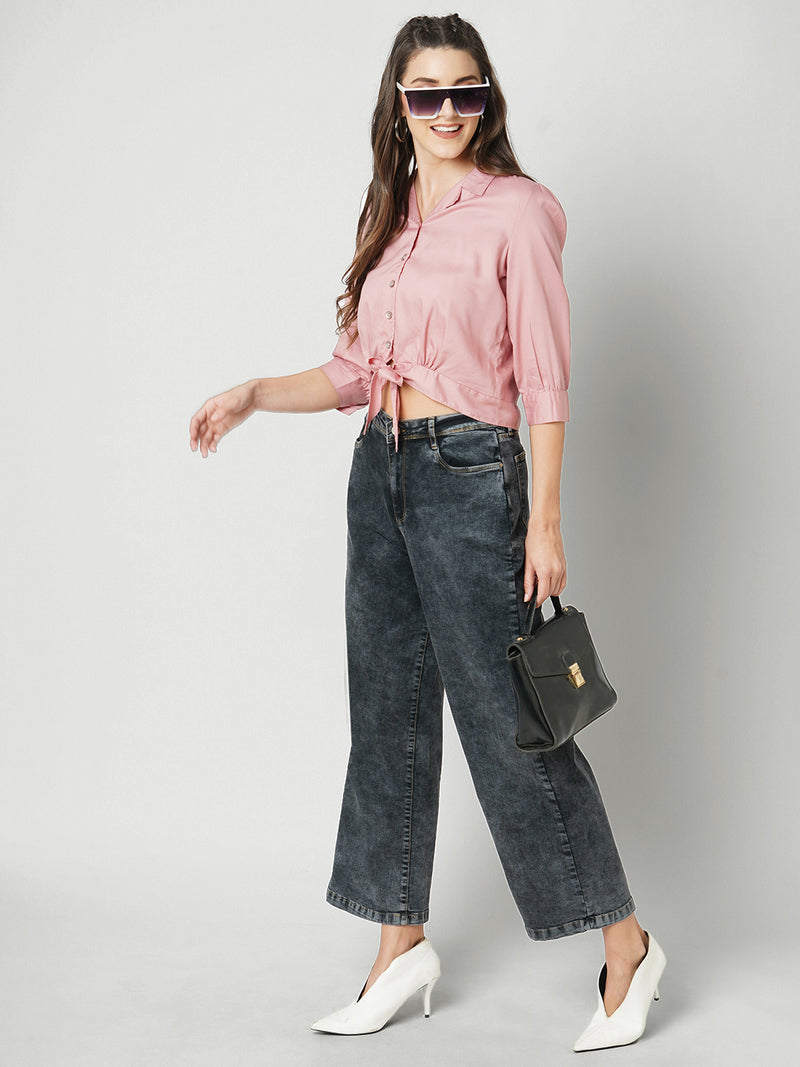 Women Blush Pink Solid Three-Quarter Sleeves Shirts