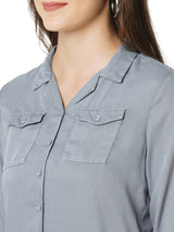 Women Grey Solid Three-Quarter Sleeves Shirts