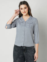 Women Grey Solid Three-Quarter Sleeves Shirts