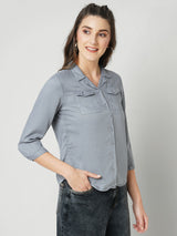 Women Grey Solid Three-Quarter Sleeves Shirts