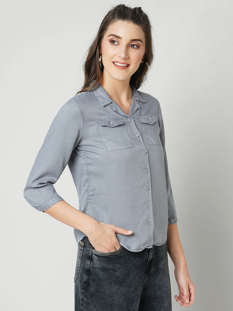 Women Grey Solid Three-Quarter Sleeves Shirts