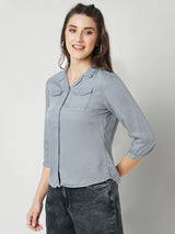 Women Grey Solid Three-Quarter Sleeves Shirts