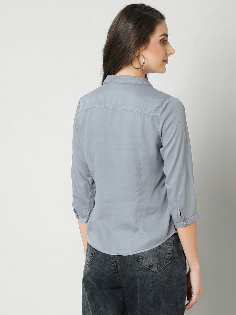 Women Grey Solid Three-Quarter Sleeves Shirts