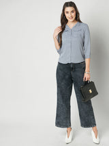 Women Grey Solid Three-Quarter Sleeves Shirts