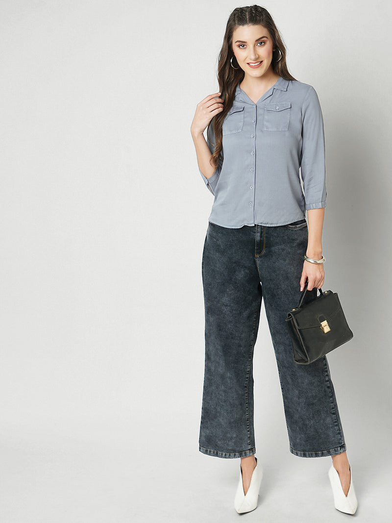 Women Grey Solid Three-Quarter Sleeves Shirts